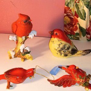 LOT OF 4 RED BIRD DECOR FOR BIRD LOVERS, 2 ARE RED BIRD CHRISTMAS ORNAMENTS